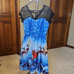 Blue Dress with Reindeer and Santa Print
